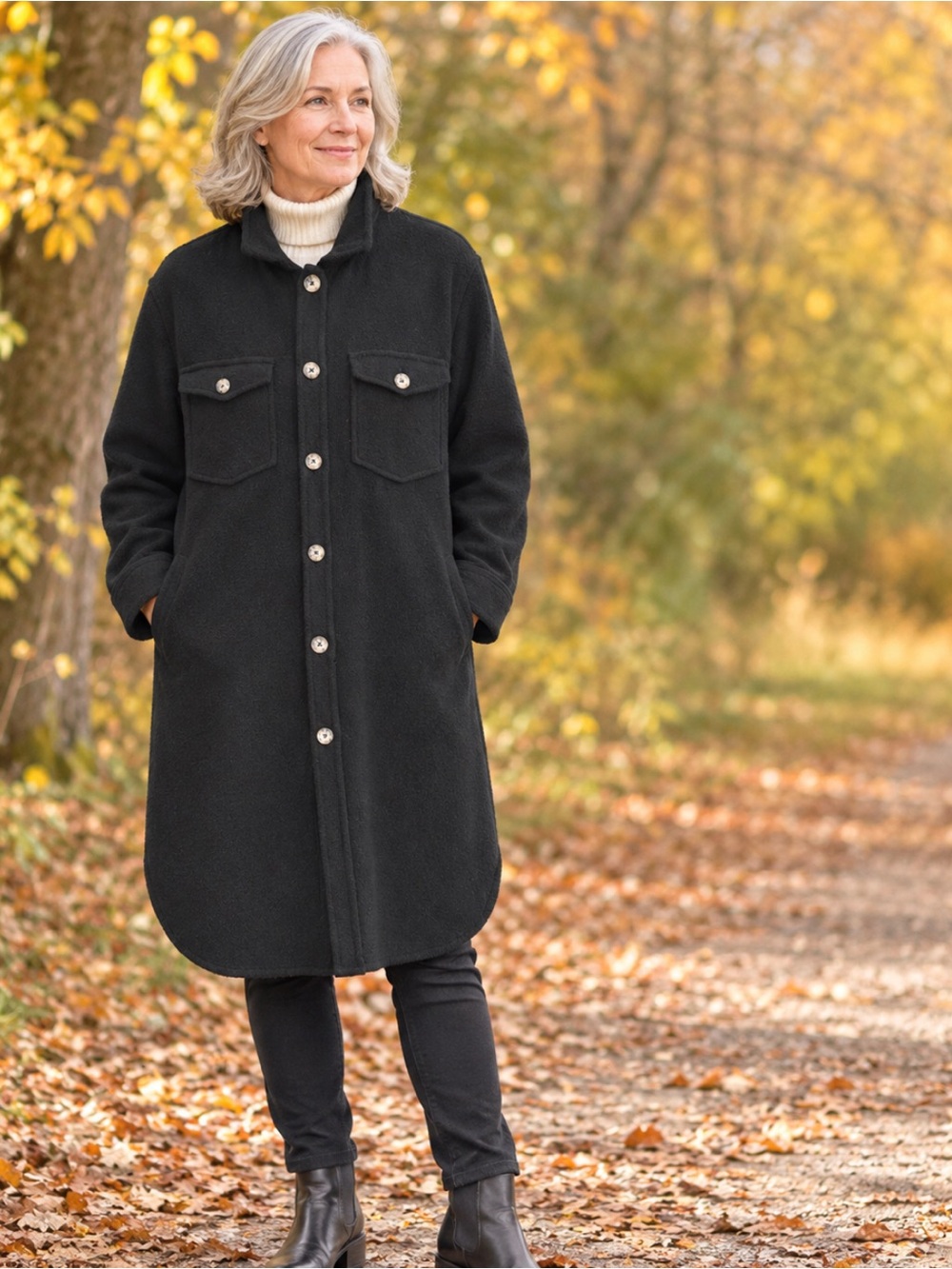 Women's Black Button-Front Long Unlined Fleece Coat